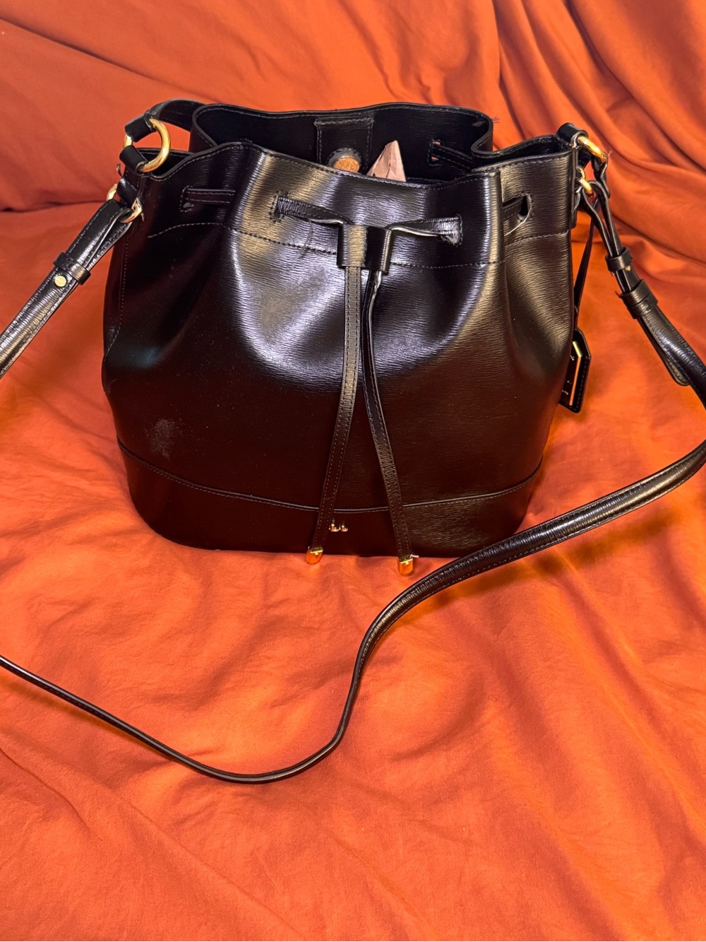 Lauren Ralph Lauren Black Leather Drawstring Bucket Shoulder Bag